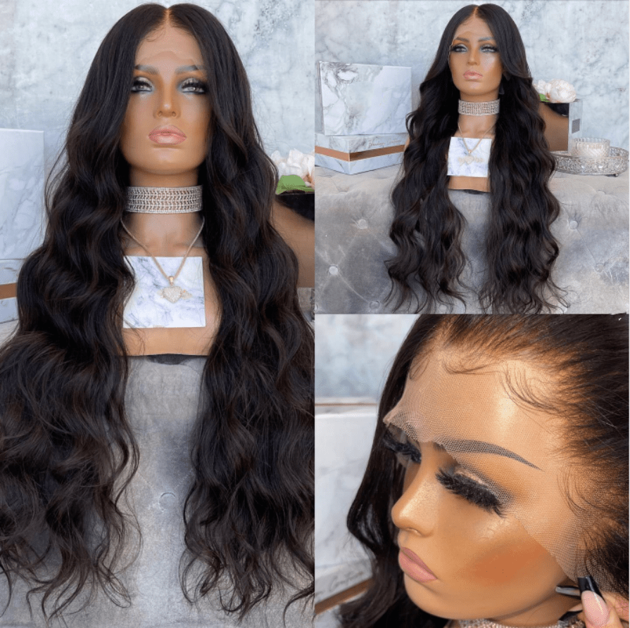 Long 40 Inch Natural Black Color Water Wave Cuticle Aligned Bleached Knots Pre Plucked Transparent Lace Front Wigs
