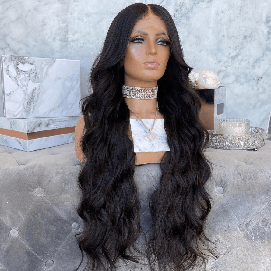 Long 40 Inch Natural Black Color Water Wave Cuticle Aligned Bleached Knots Pre Plucked Transparent Lace Front Wigs
