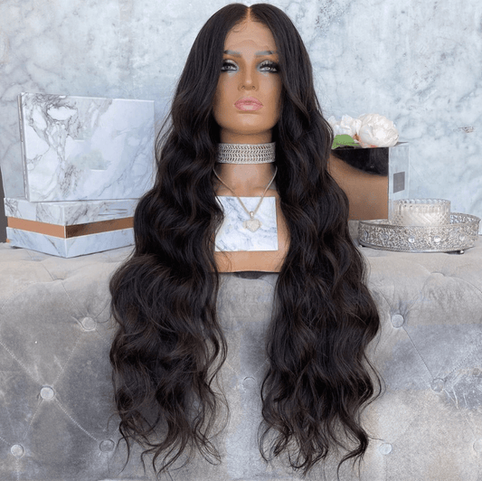 Long 40 Inch Natural Black Color Water Wave Cuticle Aligned Bleached Knots Pre Plucked Transparent Lace Front Wigs
