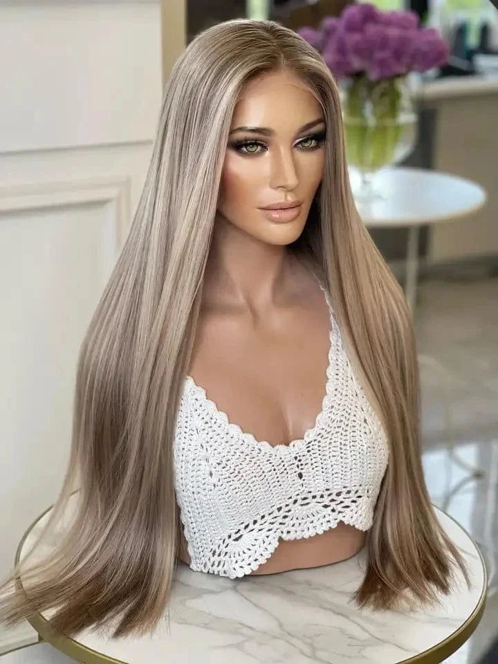 Long 55 60 65 cm 150% Density Clip In Ash Blonde Highlight Color Straight Kosher Raw Cuticle Aligned Human Hair Lace Front Wigs