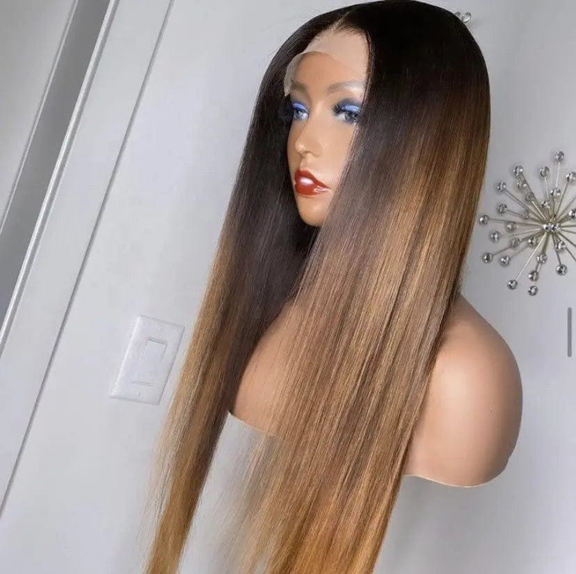 Long Inches Straight Human Hair Brown Ombre Color Bleached Knots Cuticle Aligned Brazilian Hair Lace Front Wigs