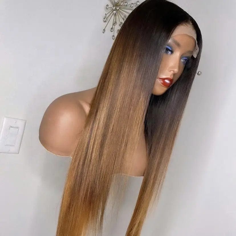 Long Inches Straight Human Hair Brown Ombre Color Bleached Knots Cuticle Aligned Brazilian Hair Lace Front Wigs