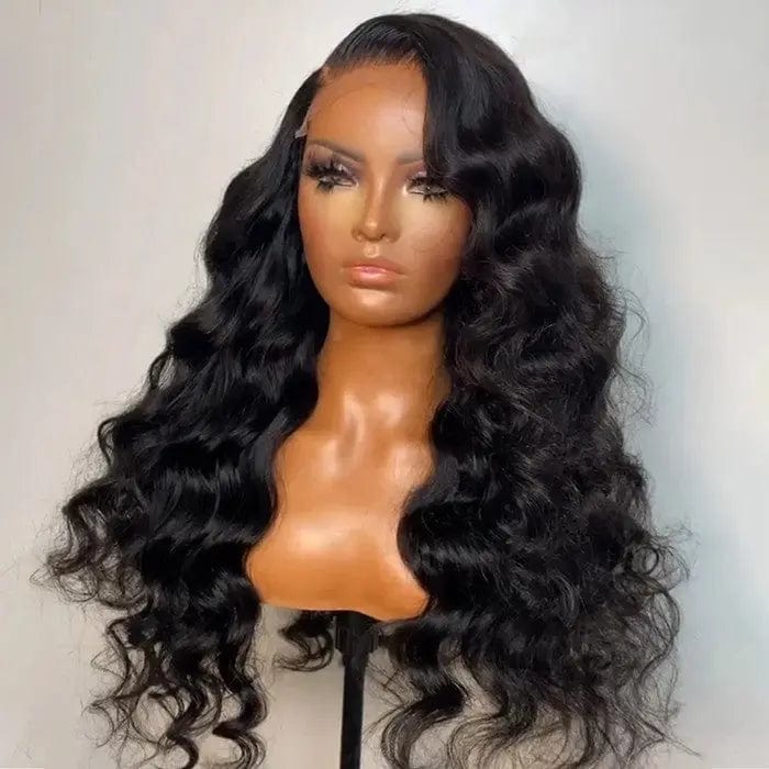 Long Inches Water Wave Side Part Jet Black Color Brazilian Human Remy Hair Lace Frontal Wig