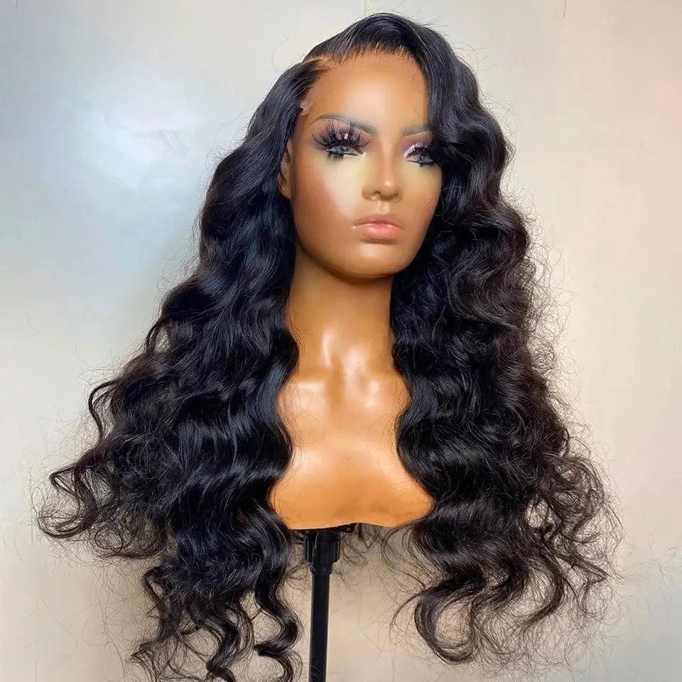 Long Inches Water Wave Side Part Jet Black Color Brazilian Human Remy Hair Lace Frontal Wig
