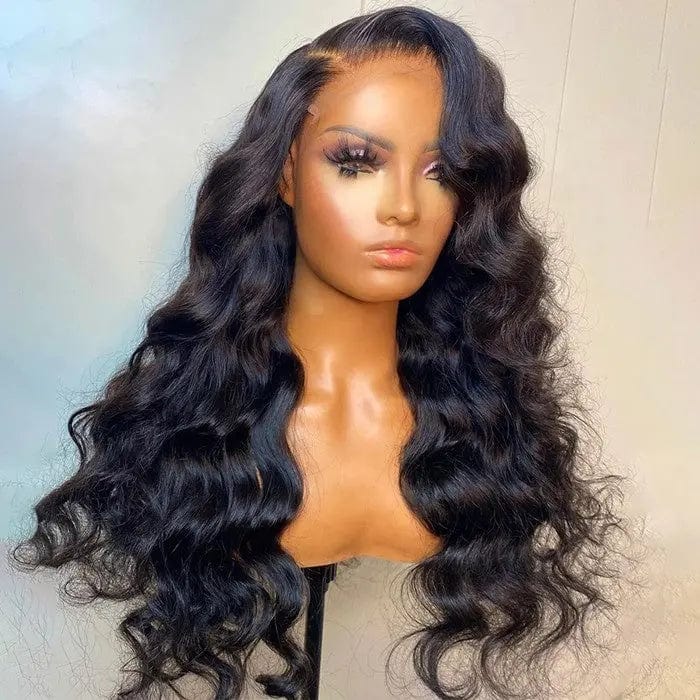Long Inches Water Wave Side Part Jet Black Color Brazilian Human Remy Hair Lace Frontal Wig