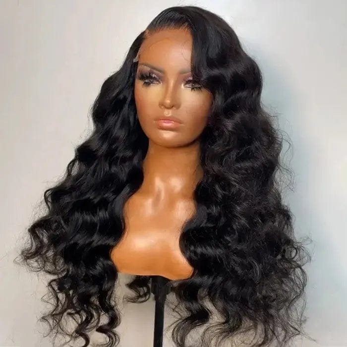 Long Inches Water Wave Side Part Jet Black Color Brazilian Human Remy Hair Lace Frontal Wig