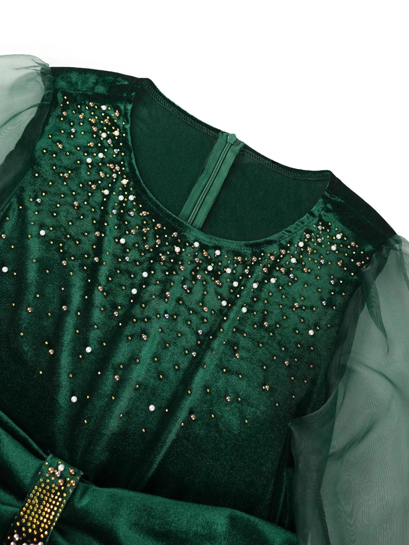 Long Mesh Lantern Sleeve Waist Velvet Beading Women Plus Size Dresses