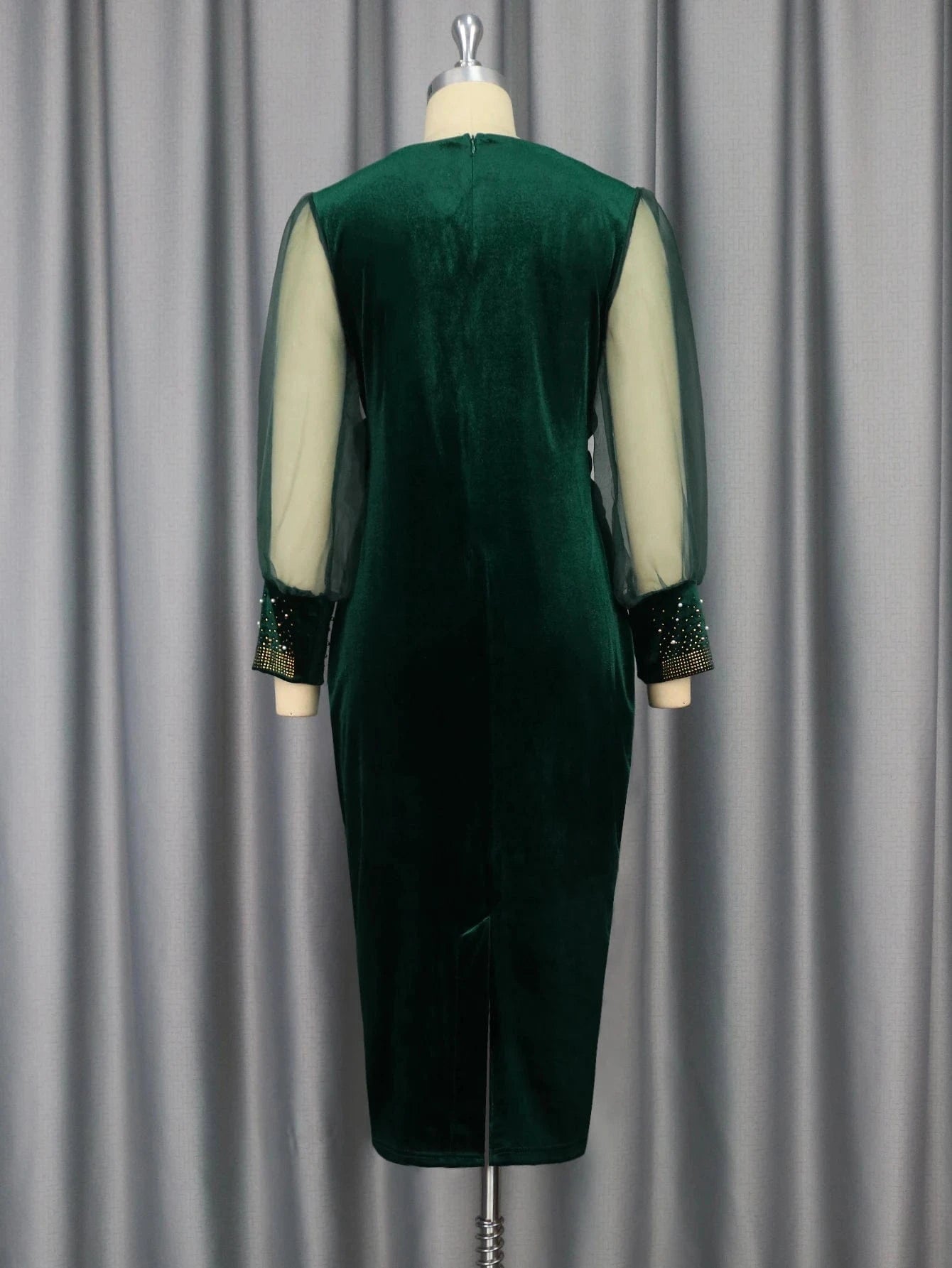 Long Mesh Lantern Sleeve Waist Velvet Beading Women Plus Size Dresses