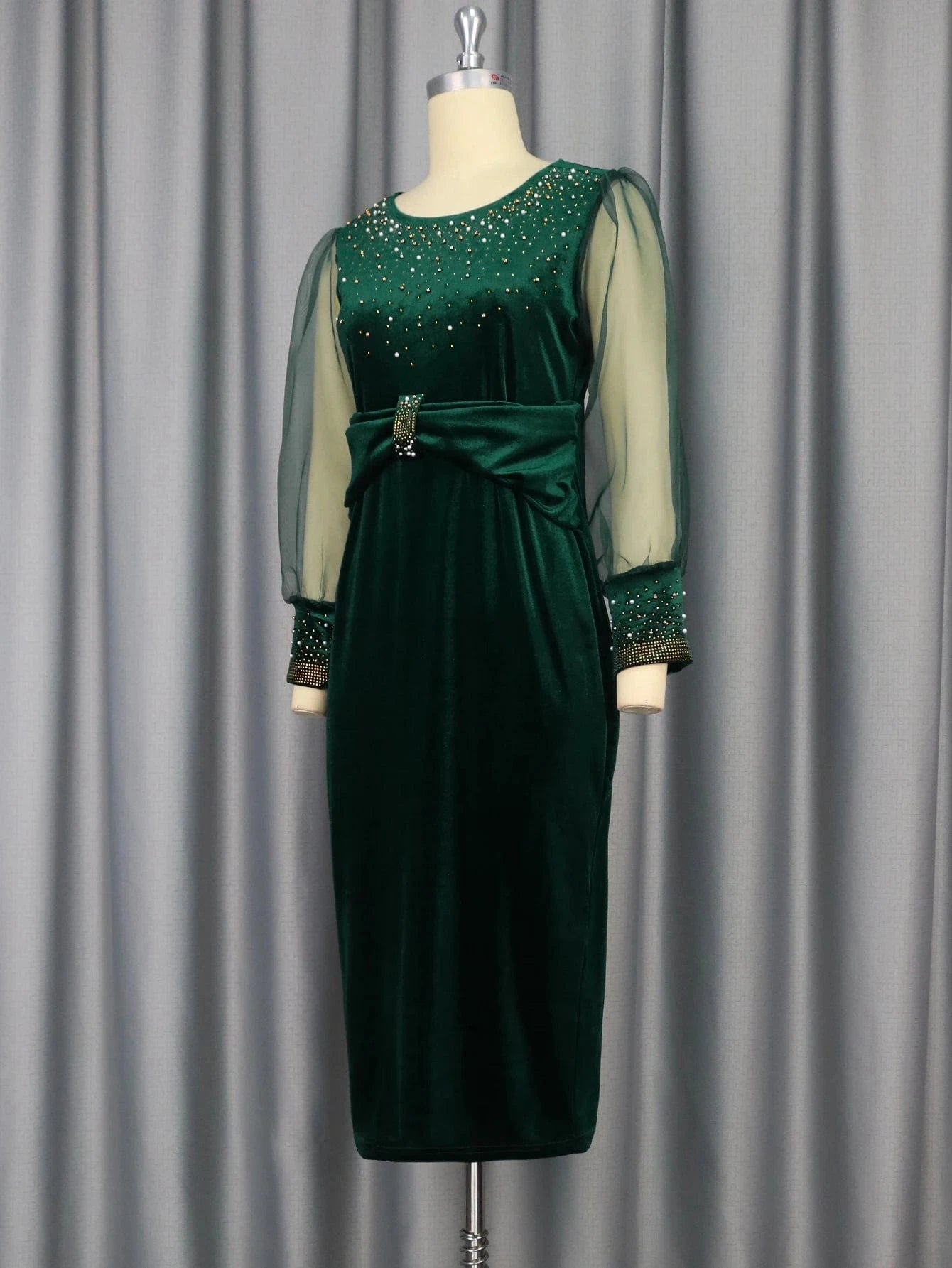 Long Mesh Lantern Sleeve Waist Velvet Beading Women Plus Size Dresses