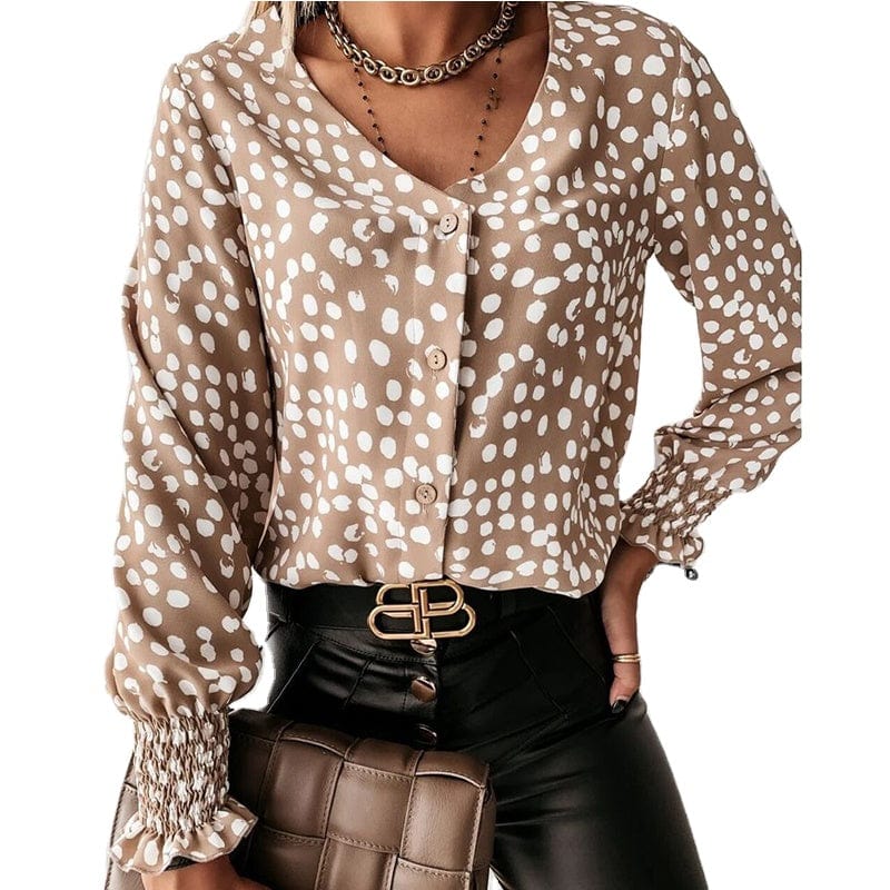 Long Sleeve Custom Shirt All-match Casual Plus Size Cardigan Elegant V-neck Vintage Tops Polka Dot Printed Chiffon Women Blouse