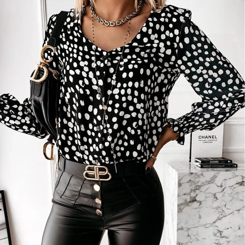 Long Sleeve Custom Shirt All-match Casual Plus Size Cardigan Elegant V-neck Vintage Tops Polka Dot Printed Chiffon Women Blouse