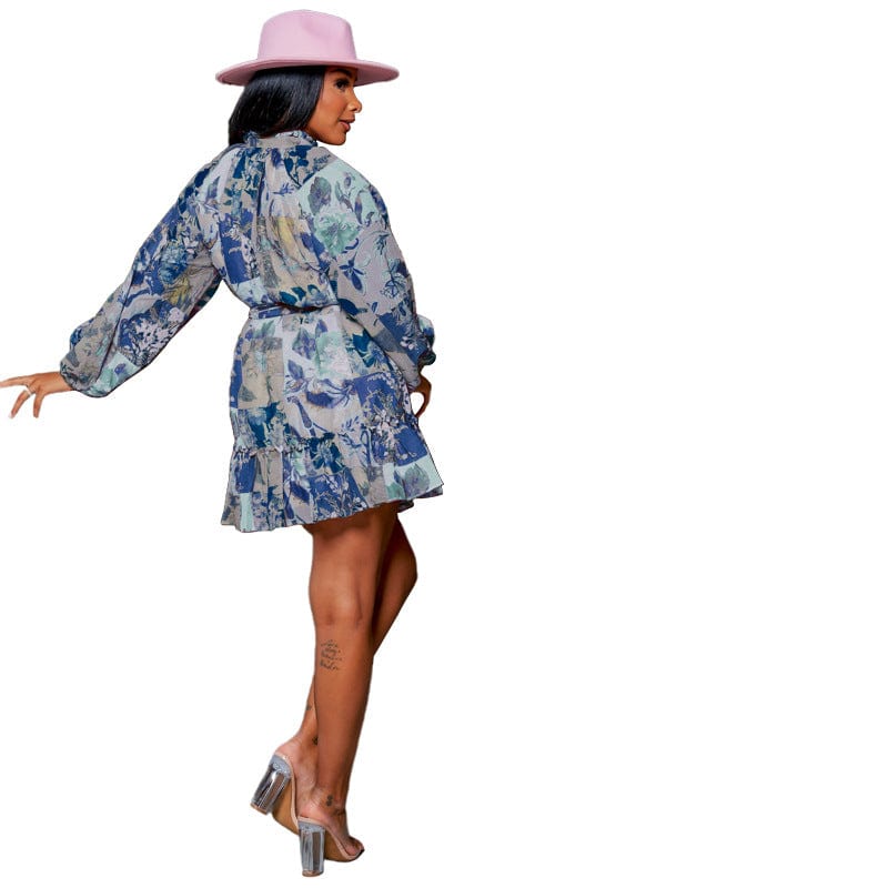 Long Sleeve Dress 2022 Trending Fall Floral Print Loose Chiffon Dress With Ruffles Elegant Colourful Dress For Plus Size Women