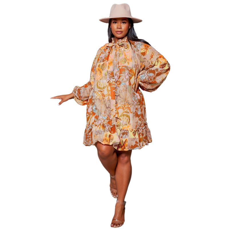 Long Sleeve Dress 2022 Trending Fall Floral Print Loose Chiffon Dress With Ruffles Elegant Colourful Dress For Plus Size Women