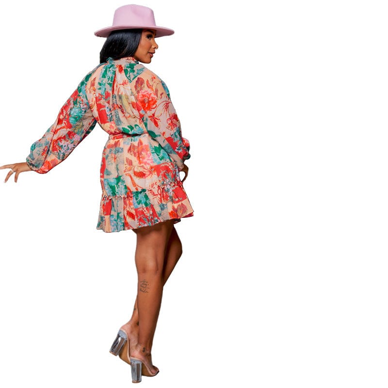 Long Sleeve Dress 2022 Trending Fall Floral Print Loose Chiffon Dress With Ruffles Elegant Colourful Dress For Plus Size Women