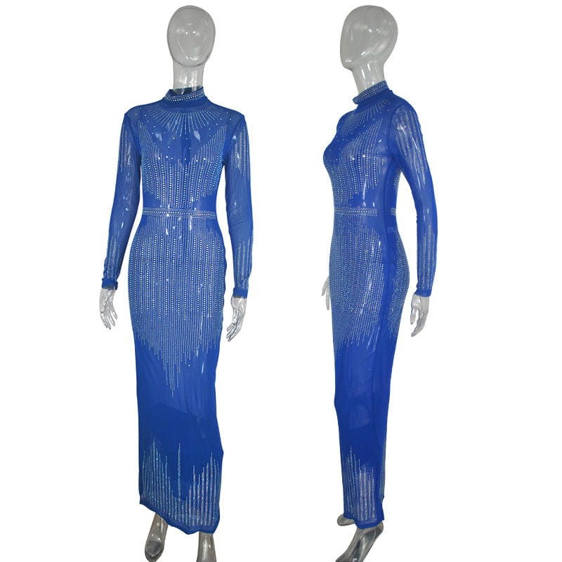 Long-sleeved tight-fitting mesh evening dress with rhinestones nightclub bag hip plus size 2xl one-piece dress