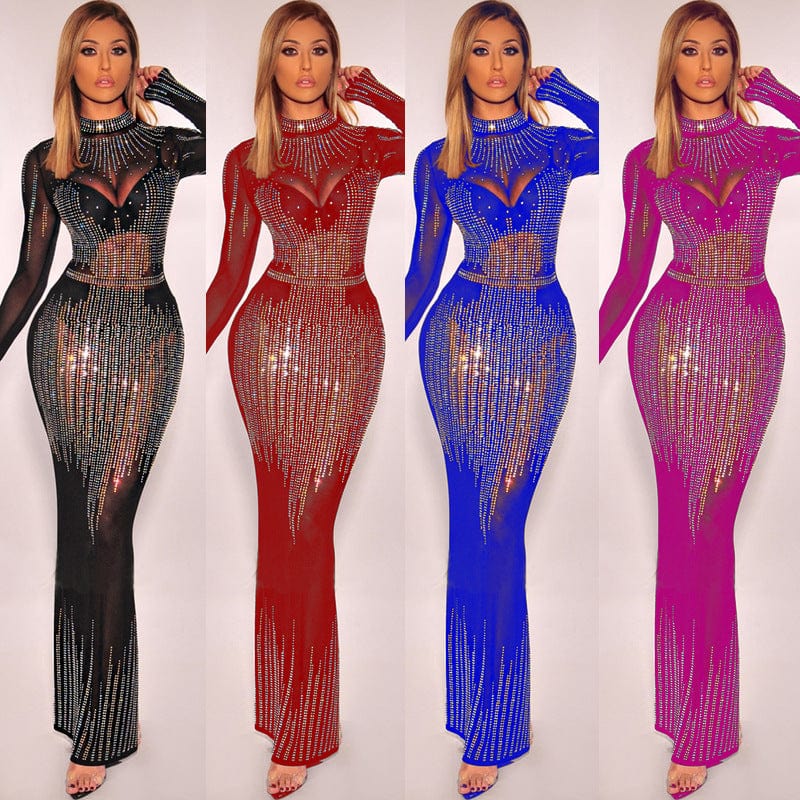 Long-sleeved tight-fitting mesh evening dress with rhinestones nightclub bag hip plus size 2xl one-piece dress