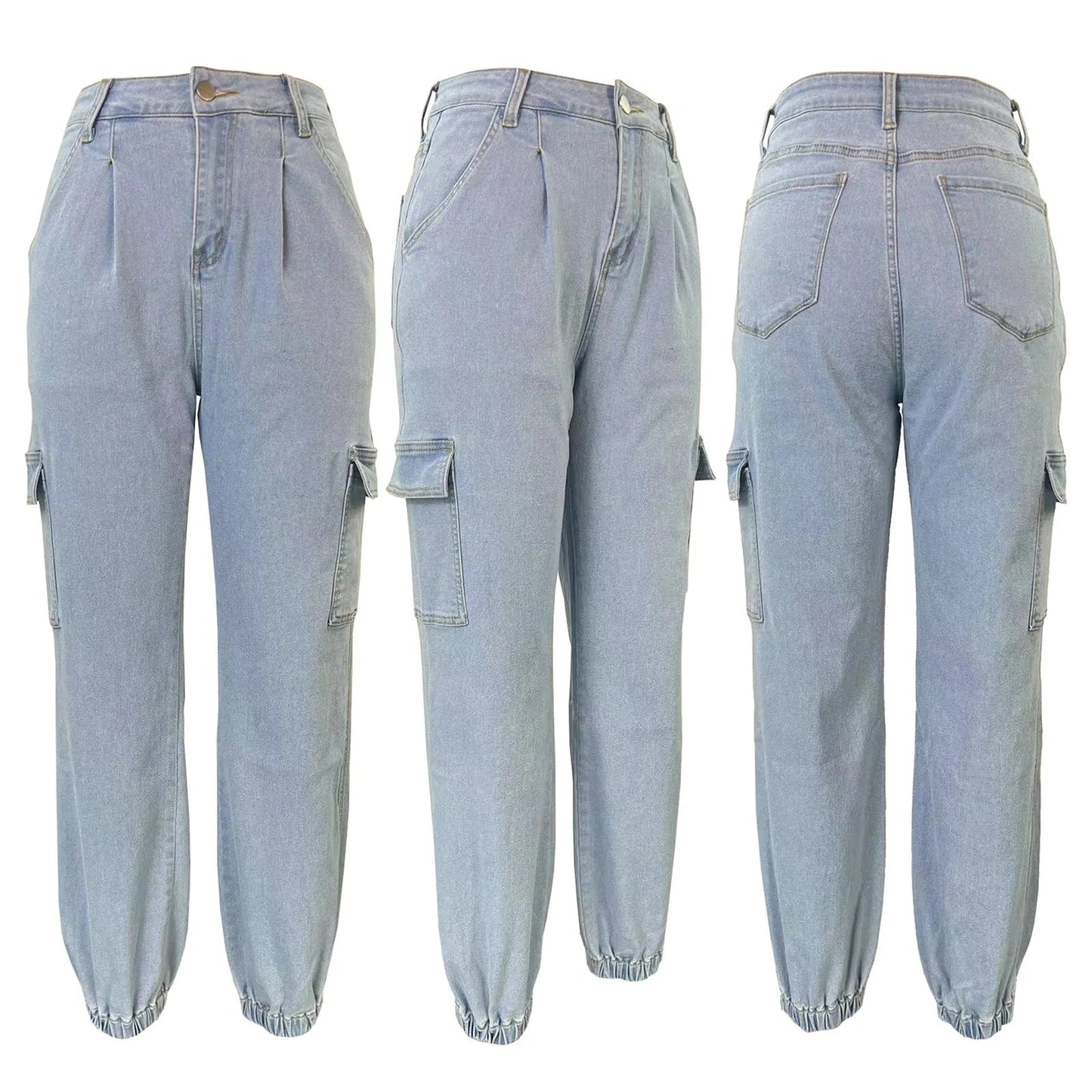 loose multi-pocket jeans Stretch fabric elasticated cuffs denim fabric Pants