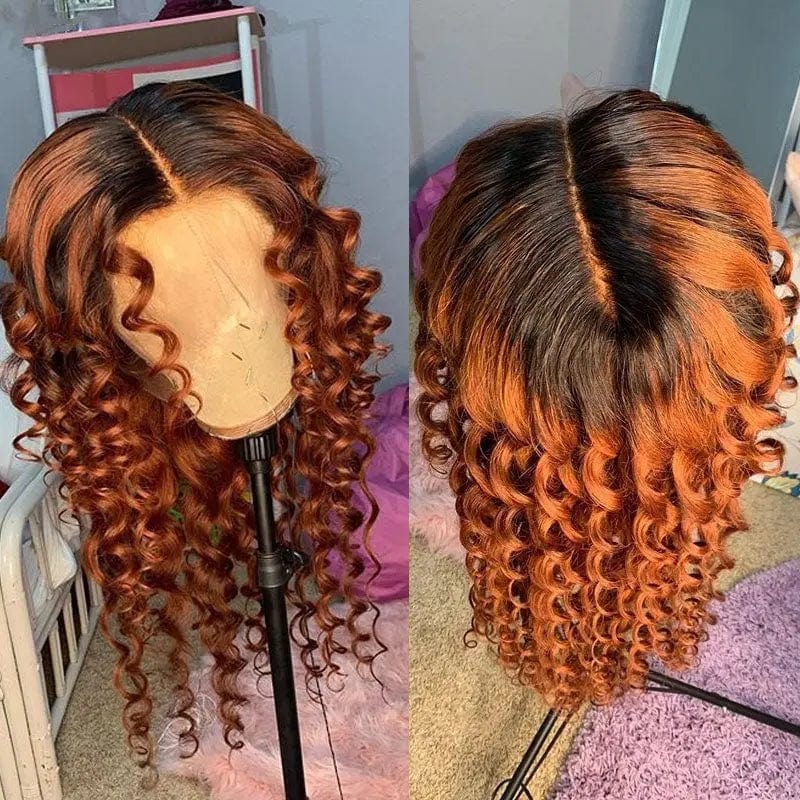 Loose Wave Ombre Orange Color Brazilian Virgin Middle Part 100% Human Hair Lace Front Wigs