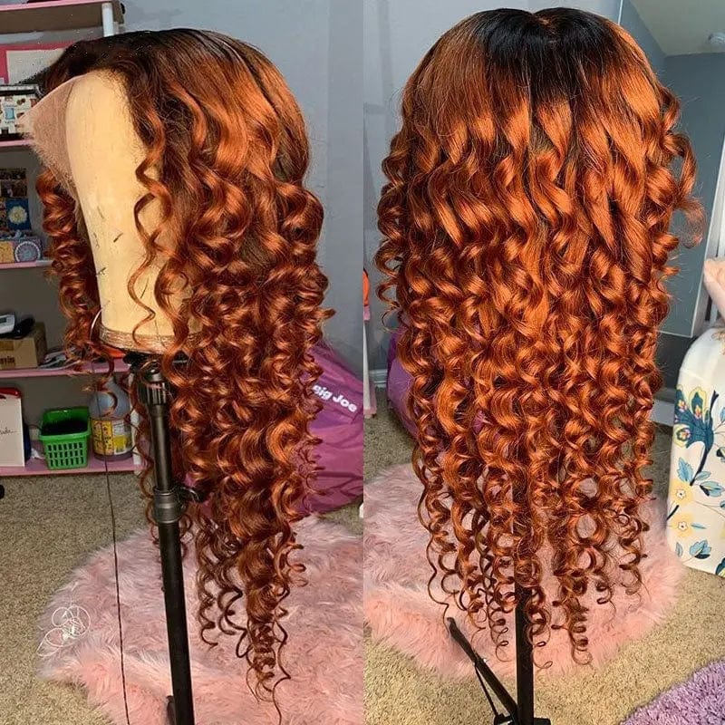 Loose Wave Ombre Orange Color Brazilian Virgin Middle Part 100% Human Hair Lace Front Wigs