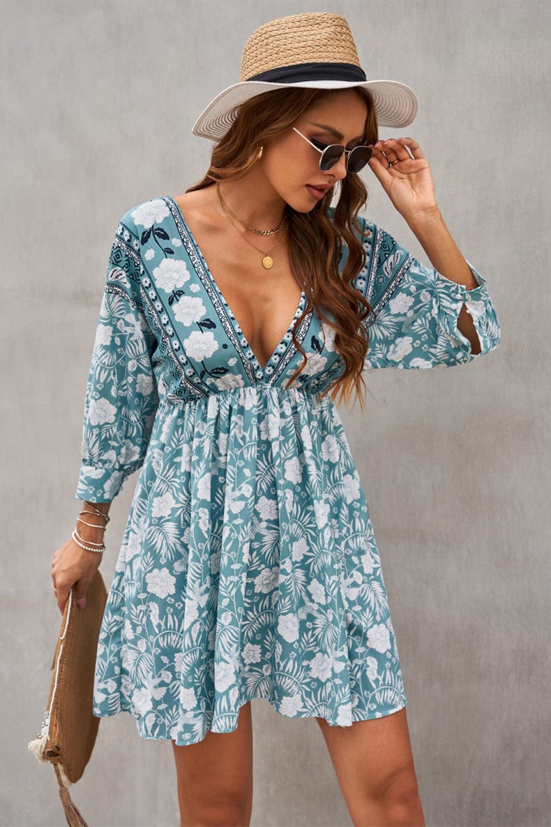 Low Moq American Clothing Wholesale Vestido Women Vintage Floral Print V Neck Cut-Out Ruffle Mini Bohemian Boho Dress