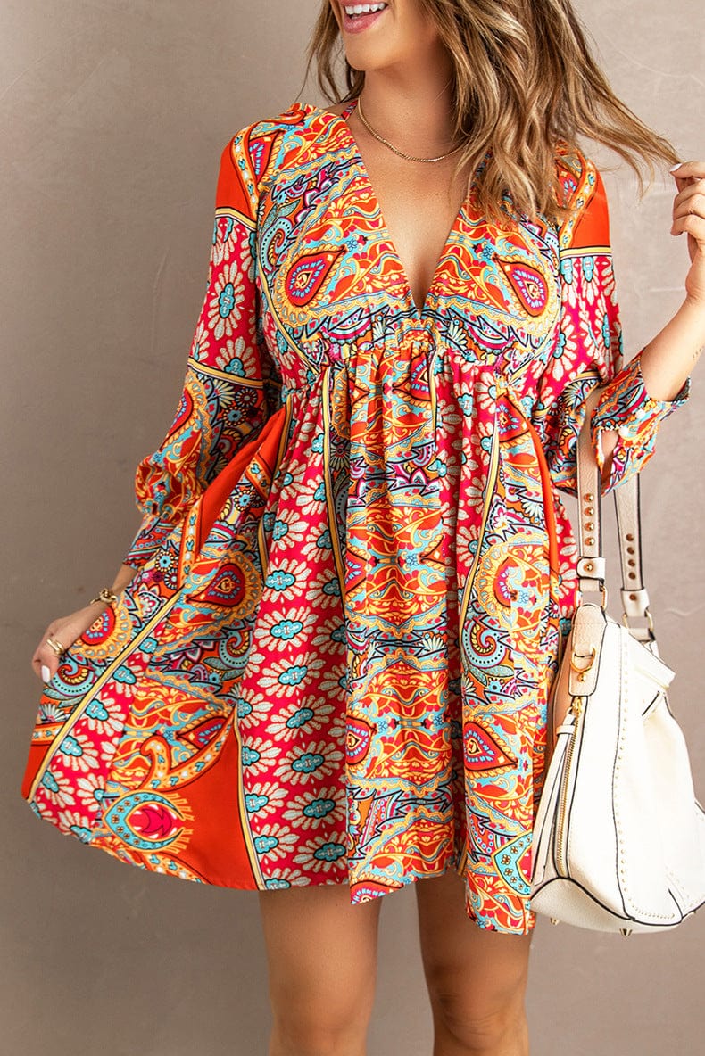 Low Moq American Clothing Wholesale Vestido Women Vintage Floral Print V Neck Cut-Out Ruffle Mini Bohemian Boho Dress