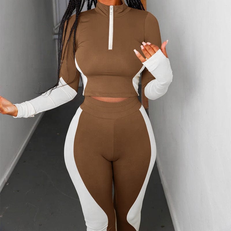 Low moq hot sale fashion spring new arrival contrast color long sleeve mock neck sweatshirt 2 piece outfit