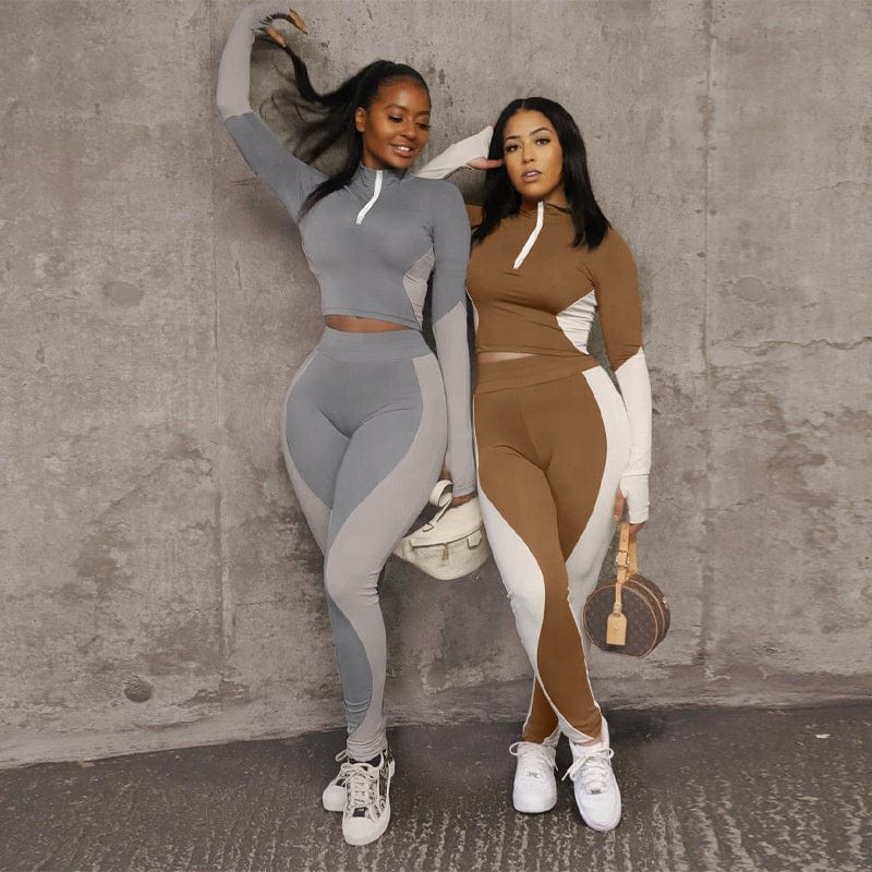 Low moq hot sale fashion spring new arrival contrast color long sleeve mock neck sweatshirt 2 piece outfit