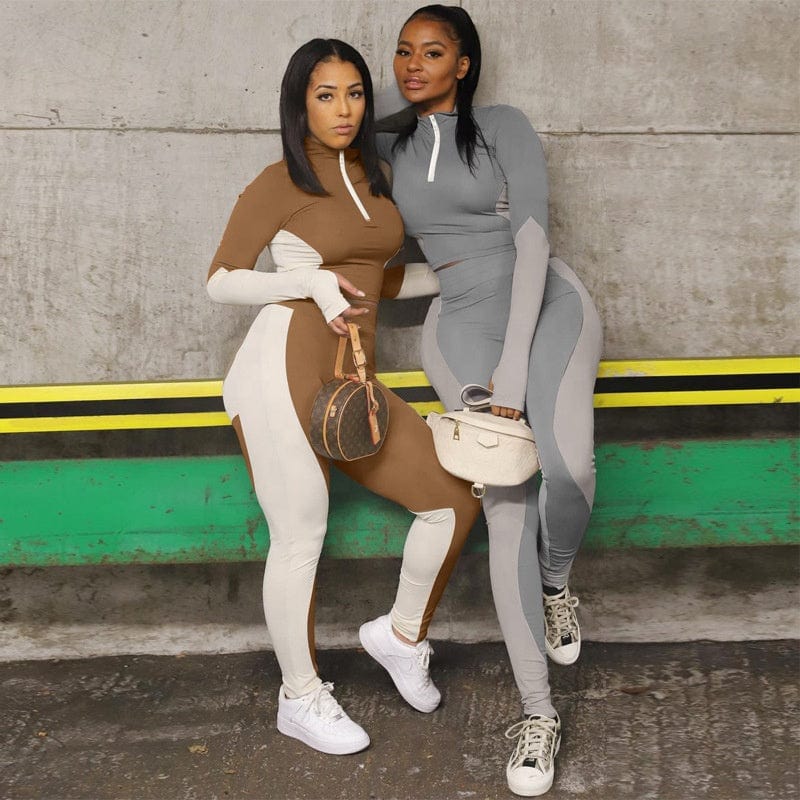 Low moq hot sale fashion spring new arrival contrast color long sleeve mock neck sweatshirt 2 piece outfit