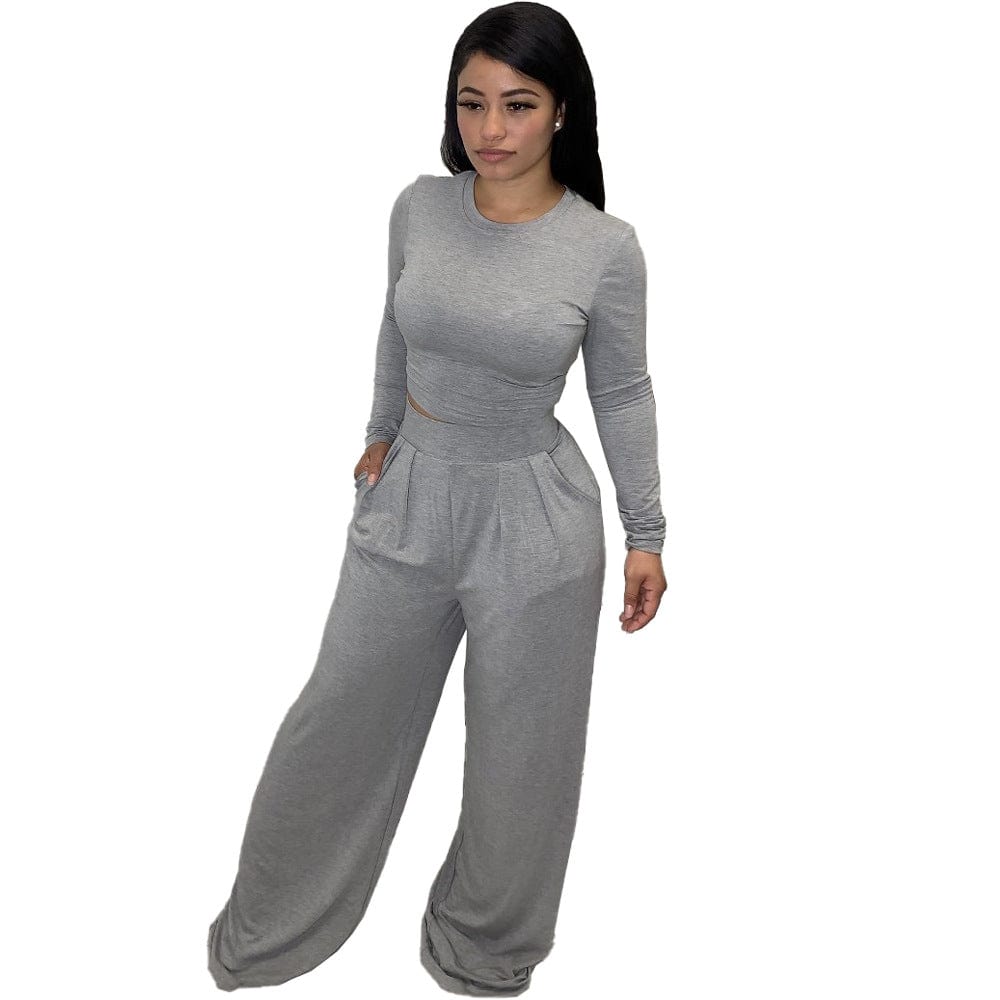 LQ-059 Solid Color Wide-Leg Loose Casual Two Piece Set Fall Winter New Suit Women Clothes 2 Piece Matching Sets