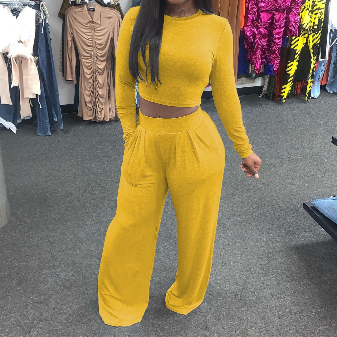 LQ-059 Solid Color Wide-Leg Loose Casual Two Piece Set Fall Winter New Suit Women Clothes 2 Piece Matching Sets