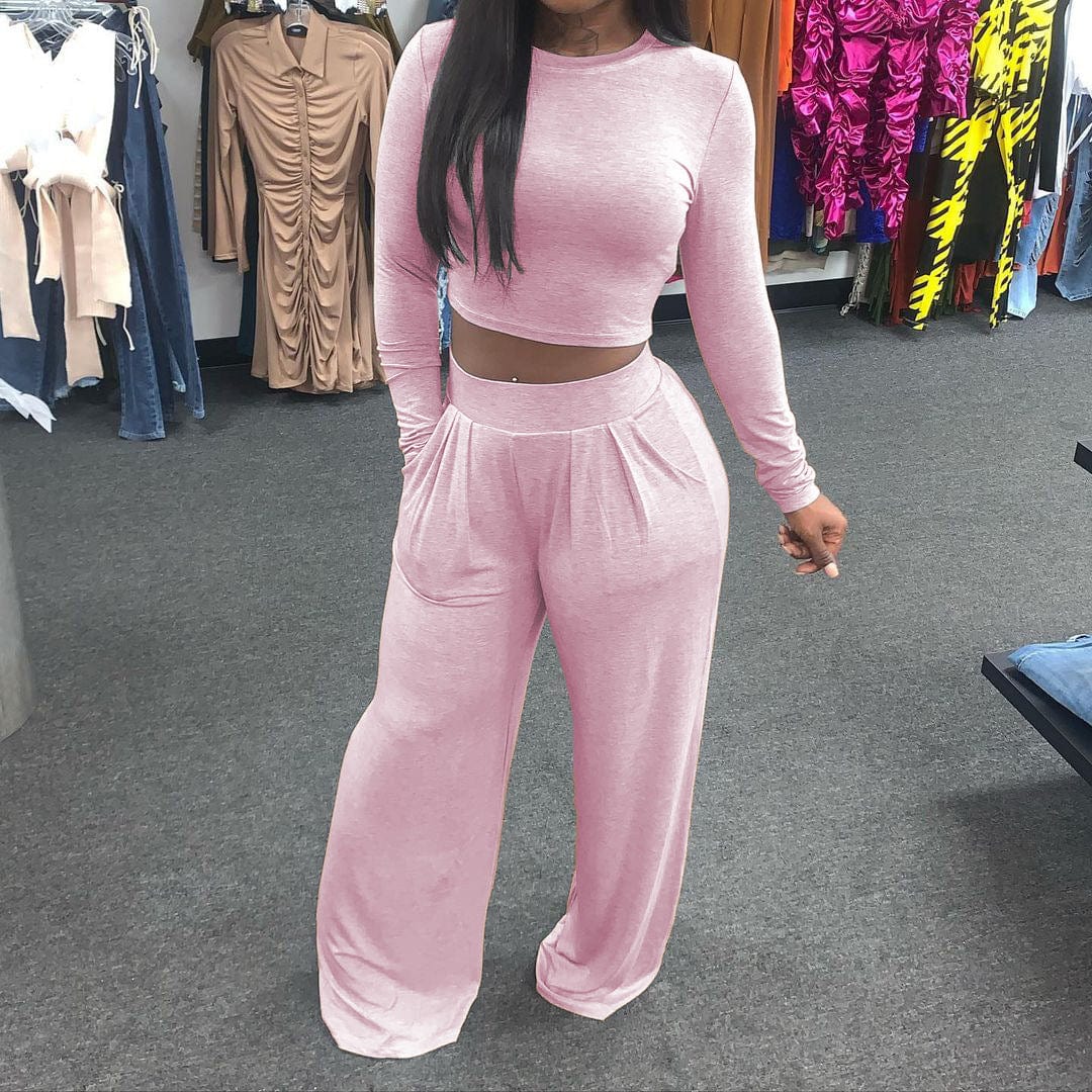 LQ-059 Solid Color Wide-Leg Loose Casual Two Piece Set Fall Winter New Suit Women Clothes 2 Piece Matching Sets