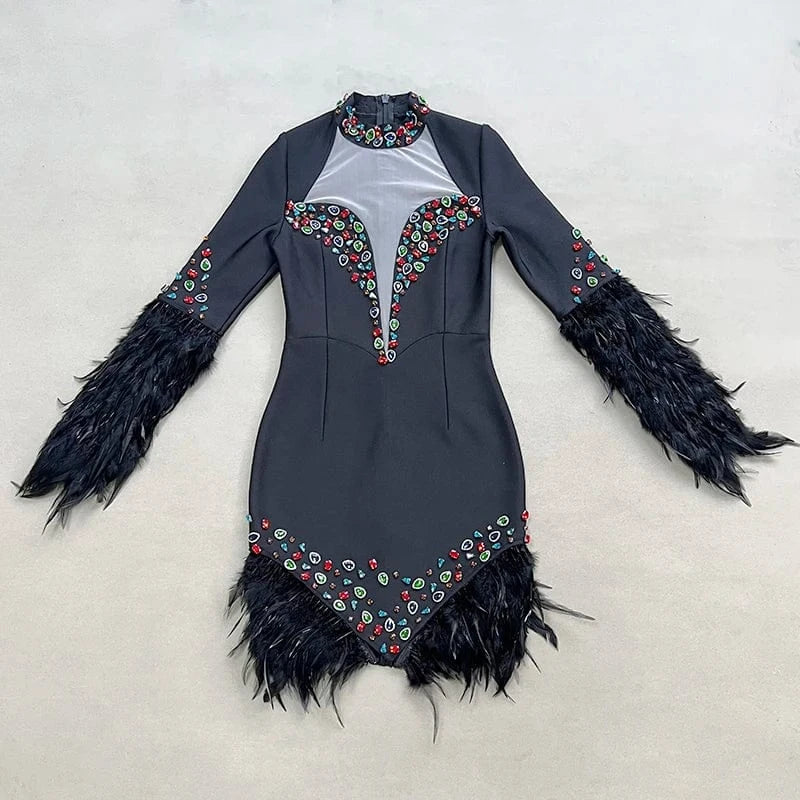 LS2366 New Arrival High Fashion Party Dresses Women Short Elegant Evening Dresses Feather Bandage Dress