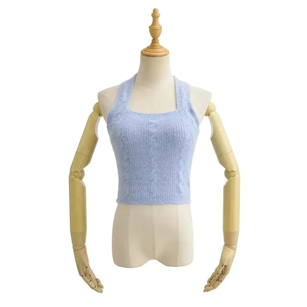 Luluxixiyaya Summer Plush Halter Tank Twist Cute Crop Top Women with Candy Color Y2K Knitted