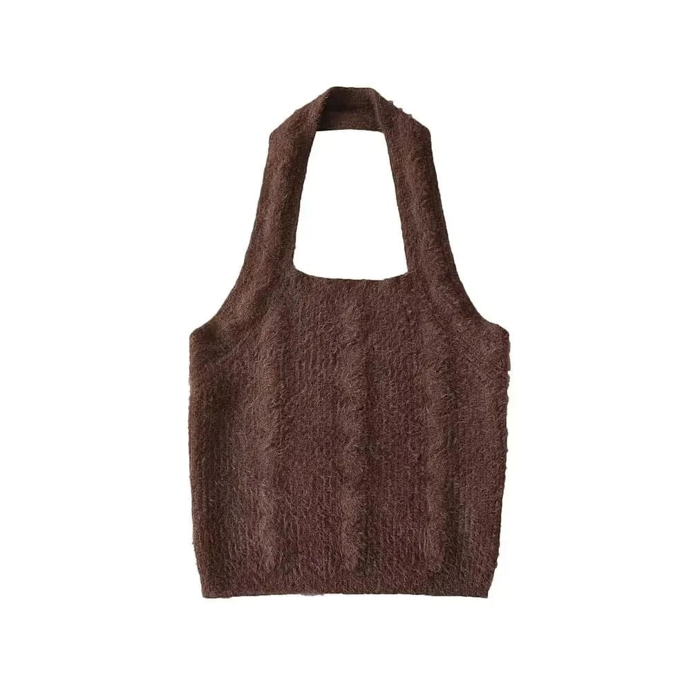 Luluxixiyaya Summer Plush Halter Tank Twist Cute Crop Top Women with Candy Color Y2K Knitted