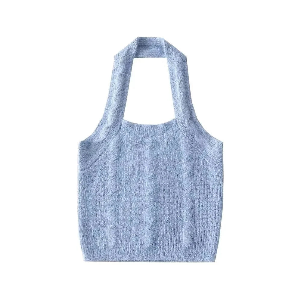 Luluxixiyaya Summer Plush Halter Tank Twist Cute Crop Top Women with Candy Color Y2K Knitted