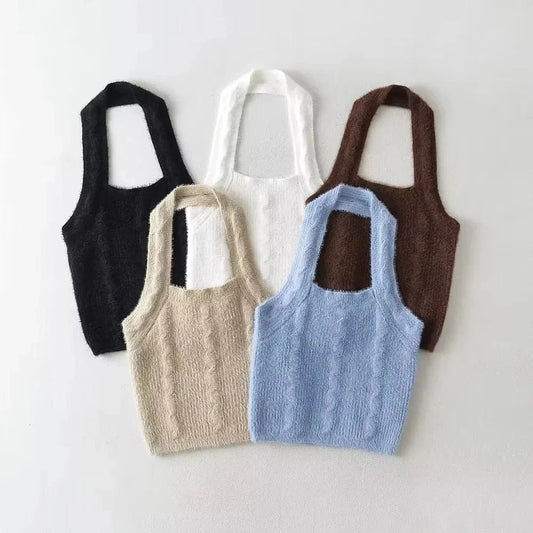 Luluxixiyaya Summer Plush Halter Tank Twist Cute Crop Top Women with Candy Color Y2K Knitted