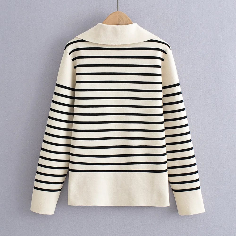 Luluxixiyaya Women V neck Sailor Collar Pullover Stripe design Sweater