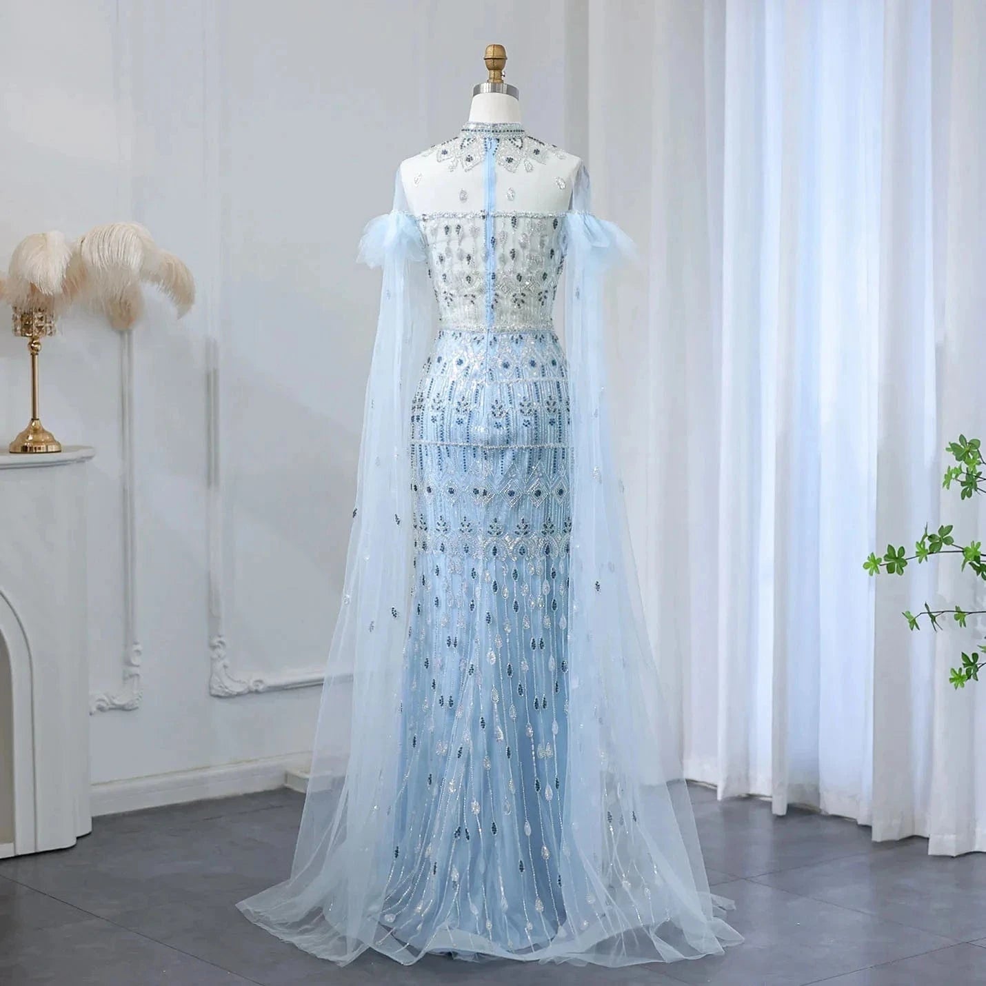 Luxury Arabic Light Blue Mermaid Evening Dress With Cape Sleeves Elegant High Neck Women Wedding Party Gowns Sz096