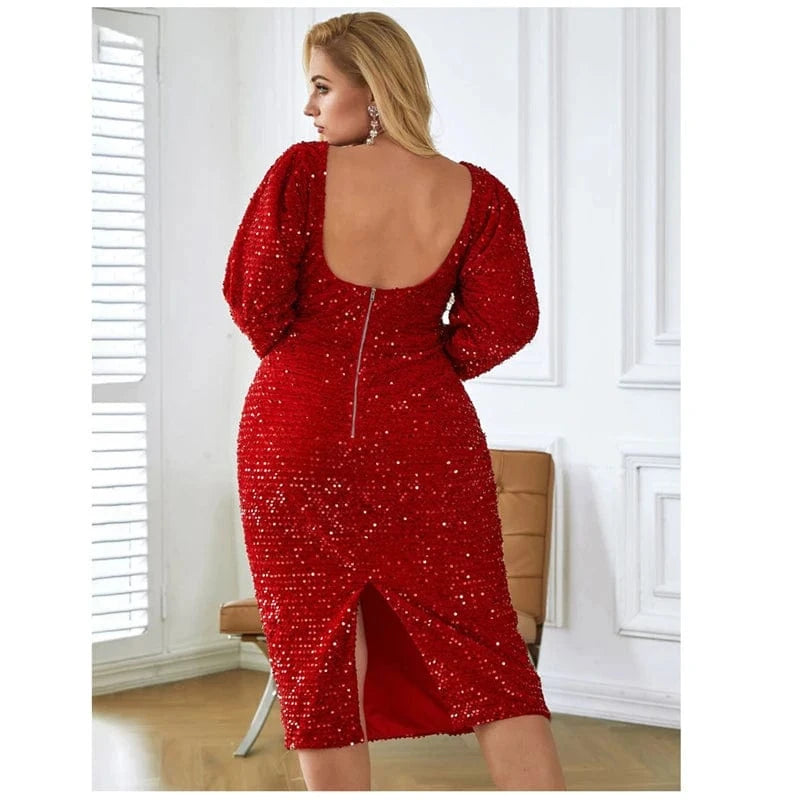 luxury big plus size women ladies birthday party sparkly sequin red midi wedding evening dress 5XL elegant gown with sequins