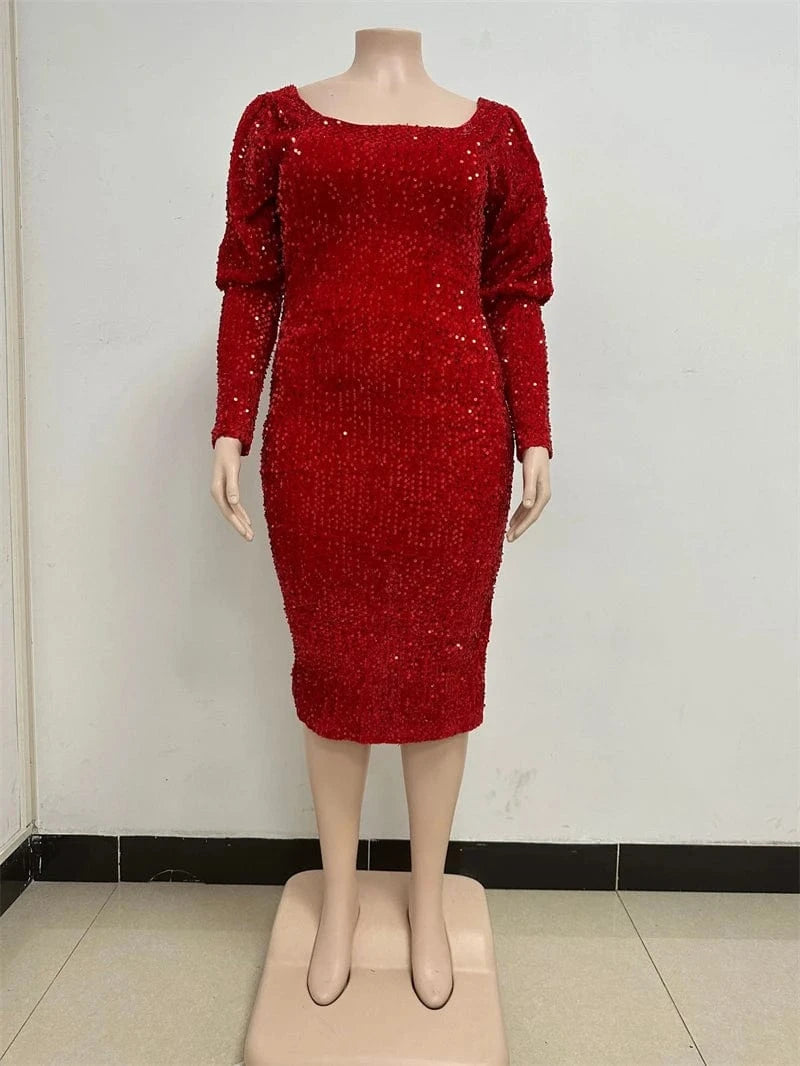 luxury big plus size women ladies birthday party sparkly sequin red midi wedding evening dress 5XL elegant gown with sequins