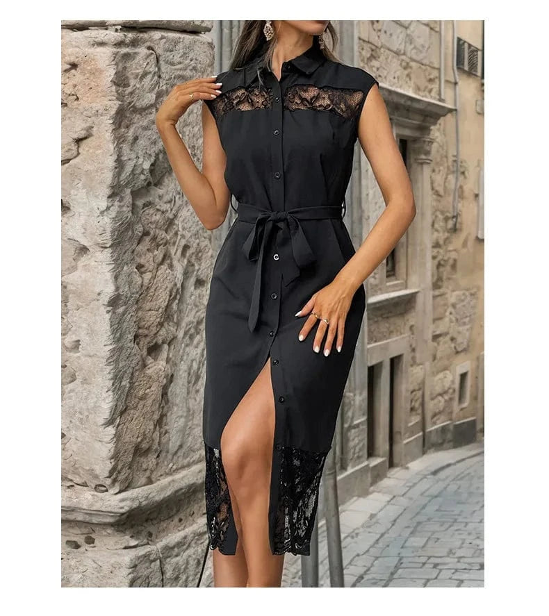 Luxury Casual Elegant Midi Dresses Women Contrast Lace Cut Out Belted Shirt Dress