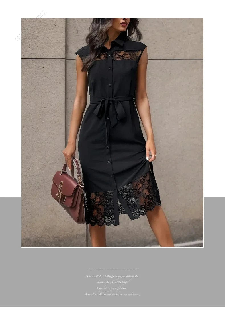 Luxury Casual Elegant Midi Dresses Women Contrast Lace Cut Out Belted Shirt Dress