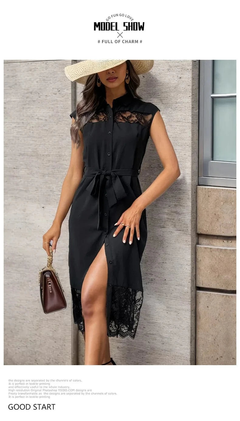 Luxury Casual Elegant Midi Dresses Women Contrast Lace Cut Out Belted Shirt Dress