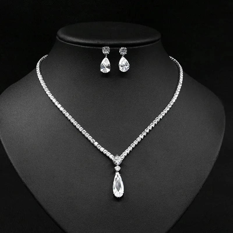 Luxury Colorful Zircon Water Drop Charm Necklace Silver Needle Drop Earring Women Fashion Bridal Wedding Jewelry Set Mother Gift