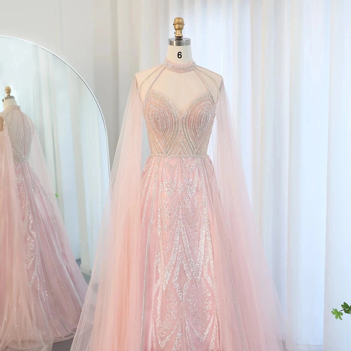 Luxury Dubai A-Line Blue Evening Dress With Cape Sleeves Elegant Pink Yellow Plus Size For Women Wedding Party Sz090