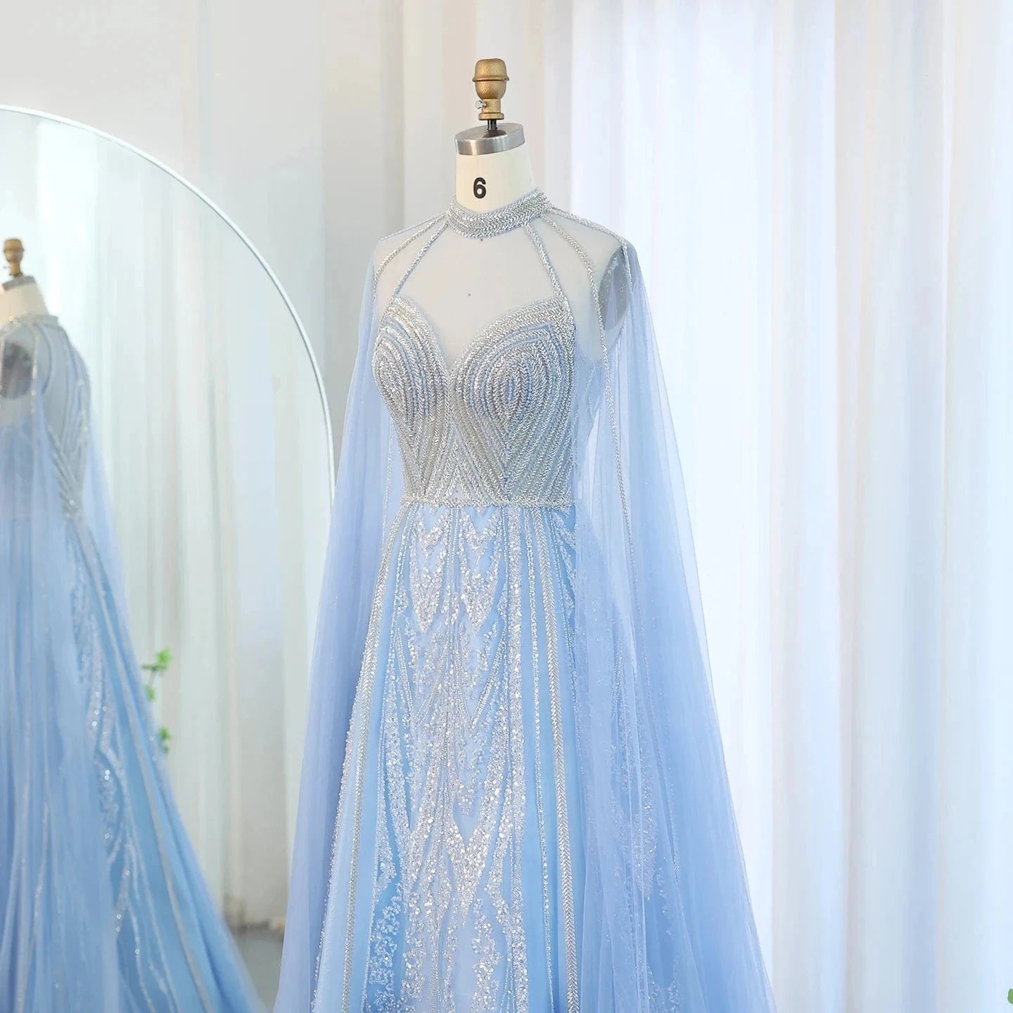 Luxury Dubai A-Line Blue Evening Dress With Cape Sleeves Elegant Pink Yellow Plus Size For Women Wedding Party Sz090