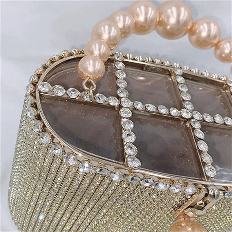 Luxury Fashion Shinny Diamonds Evening Clutch Bags Women Pearls Handle Metal Cage Clutch Purse Crystal Tote Bag For Ladies