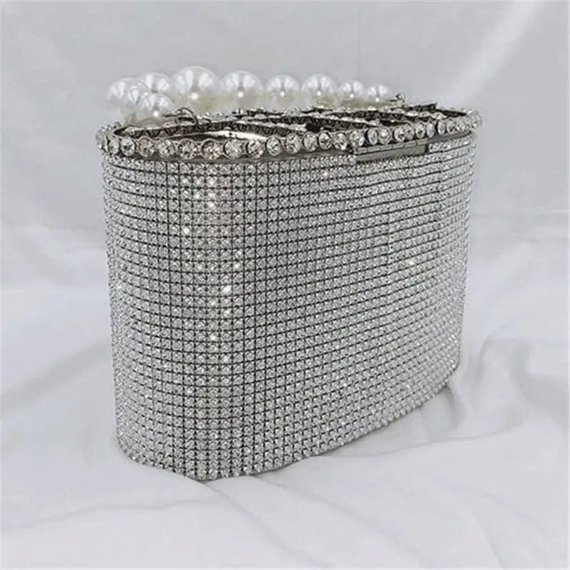 Luxury Fashion Shinny Diamonds Evening Clutch Bags Women Pearls Handle Metal Cage Clutch Purse Crystal Tote Bag For Ladies