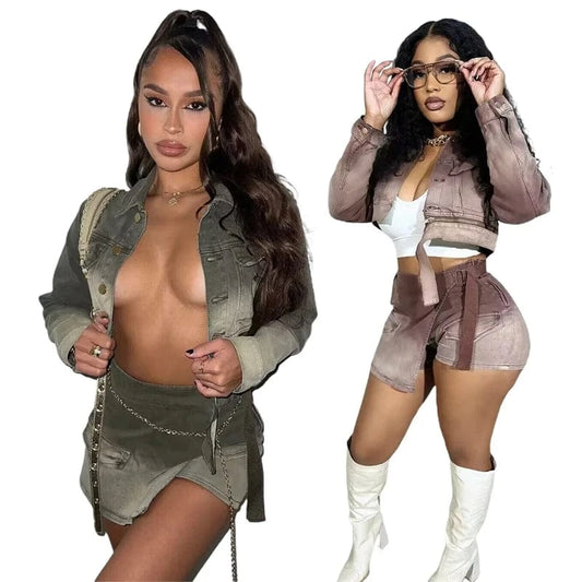luxury jeans denim two 2 piece jacket and shorts set 2024 spring summer women ladies streetwear boutique clothing for women