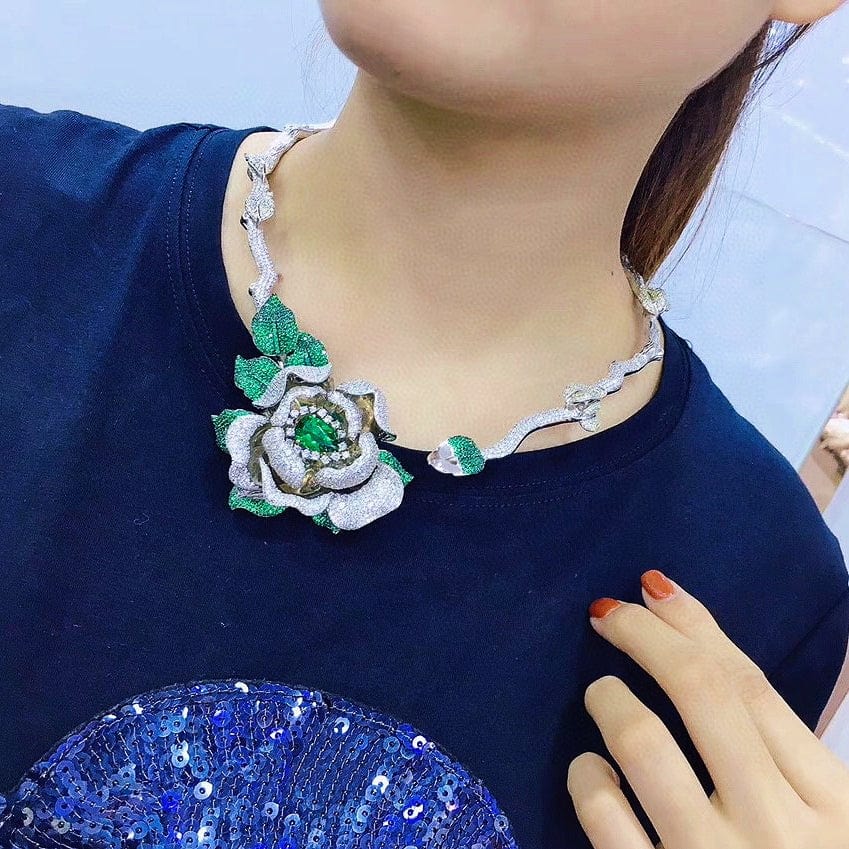 luxury jewelry 925 silver green flower emerald cz micro pave women choker necklace